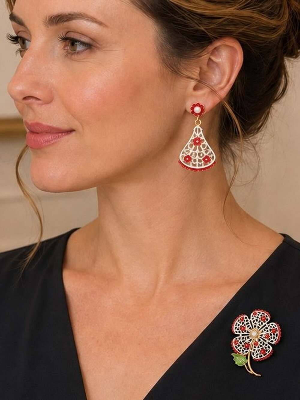 Vintage Floral Brooch & Clip-On Earrings Set Red White Gold Tone Faux Pearl